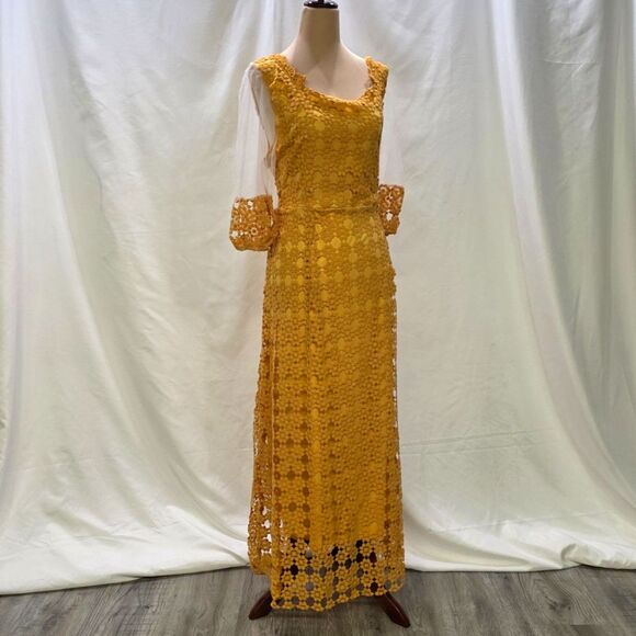 Golden Hour Glam: New Mustard Crochet Maxi Dress – Sheer Elegance! Size Large - Picture 2 of 10